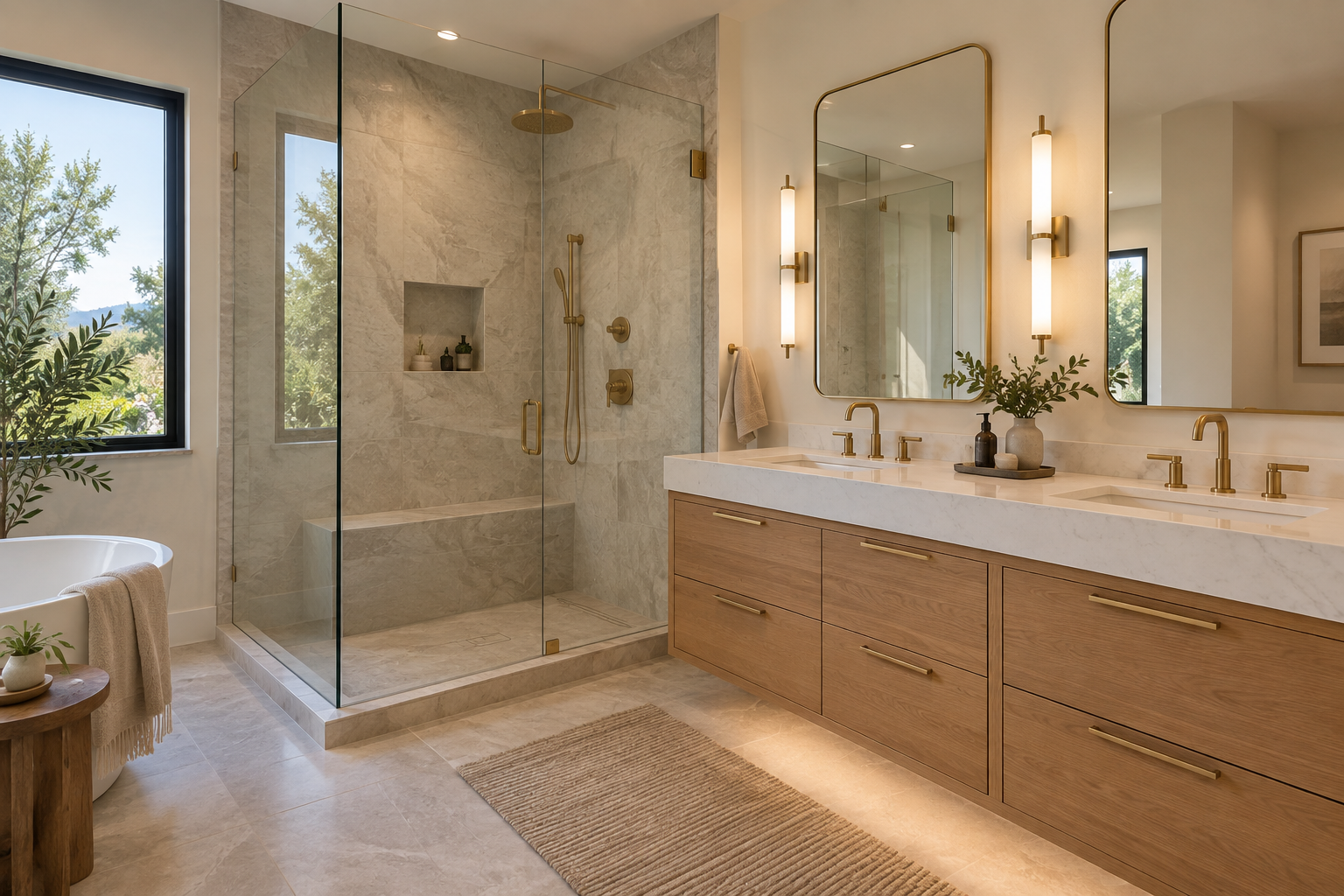 Bathroom remodel with glass shower and double vanity