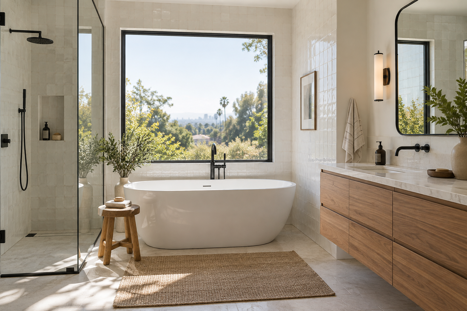 Bathroom remodel with soaking tub and walnut vanity